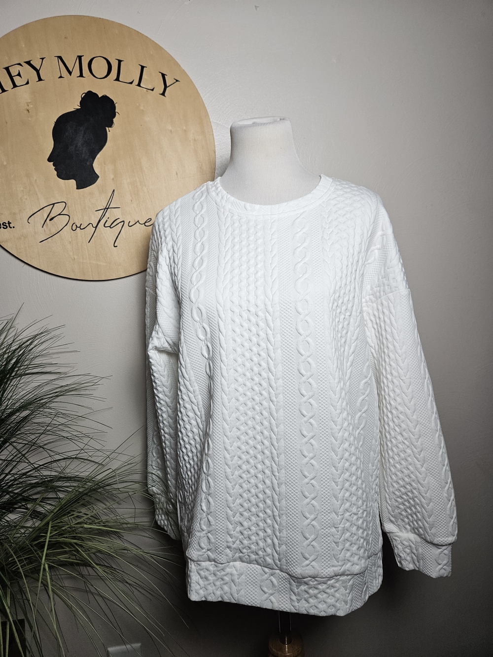Cable-Knit Crewneck Pullover Sweater - White